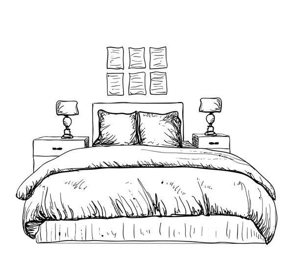 Sketsa interior modern kamar tidur - Stok Vektor