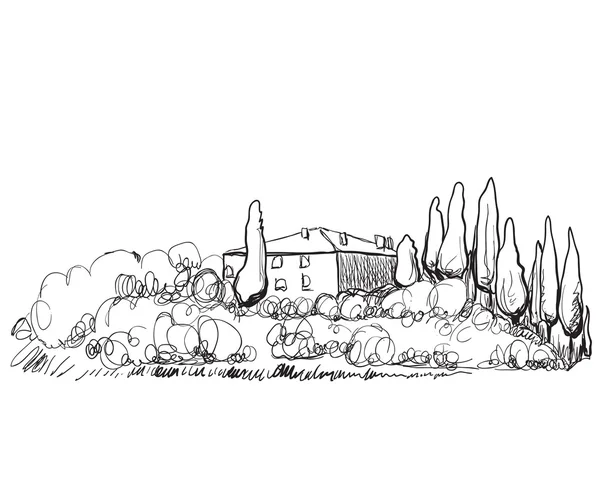 Ilustración dibujada a mano de casa en colina — Vector de stock