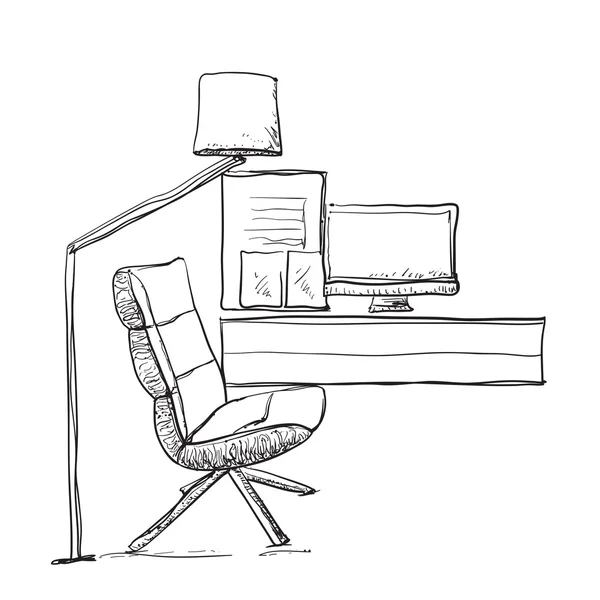Cadeira e esboço de computador — Vetor de Stock