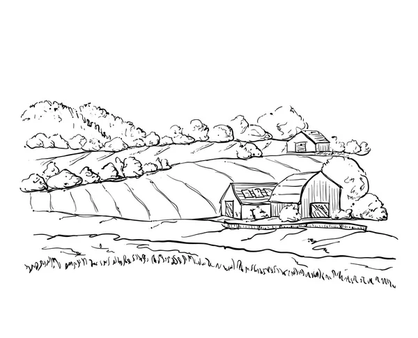 Rumah desa sketsa dan alam - Stok Vektor