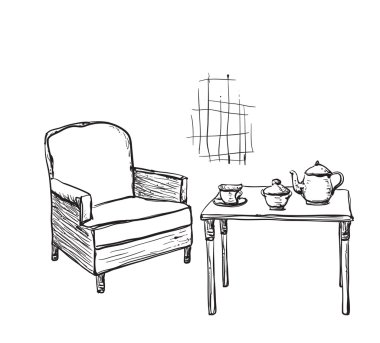 Çay saati. Elle çizilmiş sandalye ve masa