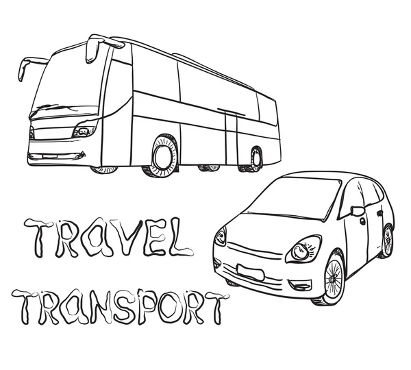 Ensemble de transport dessiné à la main. Bus et voiture — Image vectorielle