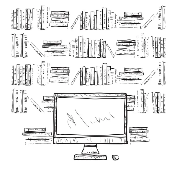 Lugar de trabajo con ordenadores y estantes de libros — Vector de stock