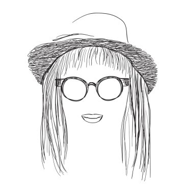 Yaz illüstrasyon. Kız şapka ve güneş gözlüğü