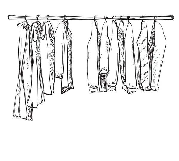 Kleding schets. Kleding aan de hangers. — Stockvector