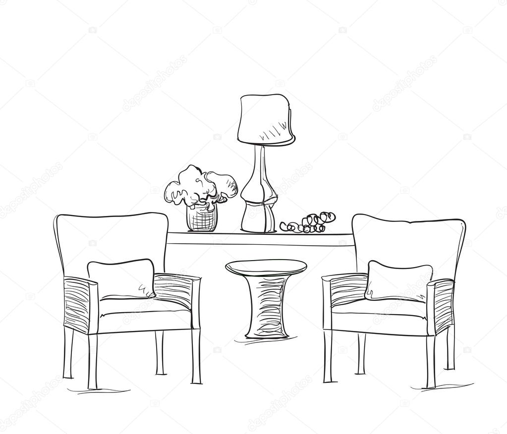 Line art of modern chairs with table set interior with white background  hand drawing 24054109 Vector Art at Vecteezy