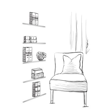 Elle çizilmiş odası iç. Sandalye ve kitap rafı.