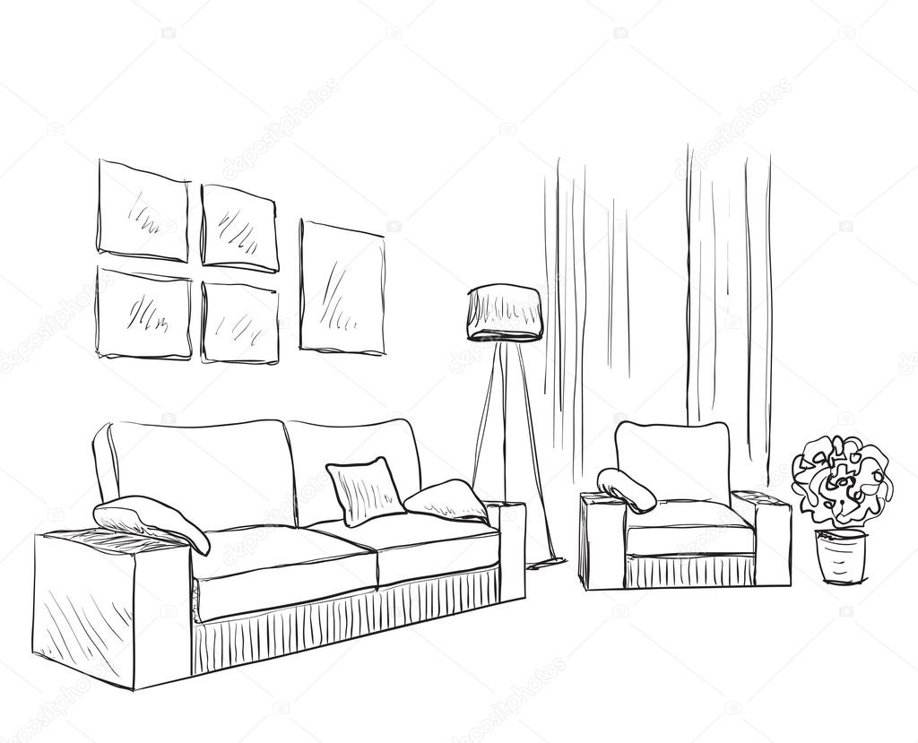 Modern interior room sketch. Hand drawn furniture