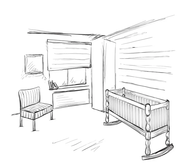 Kézzel rajzolt gyermekei szobába. Baba ágy — Stock Vector