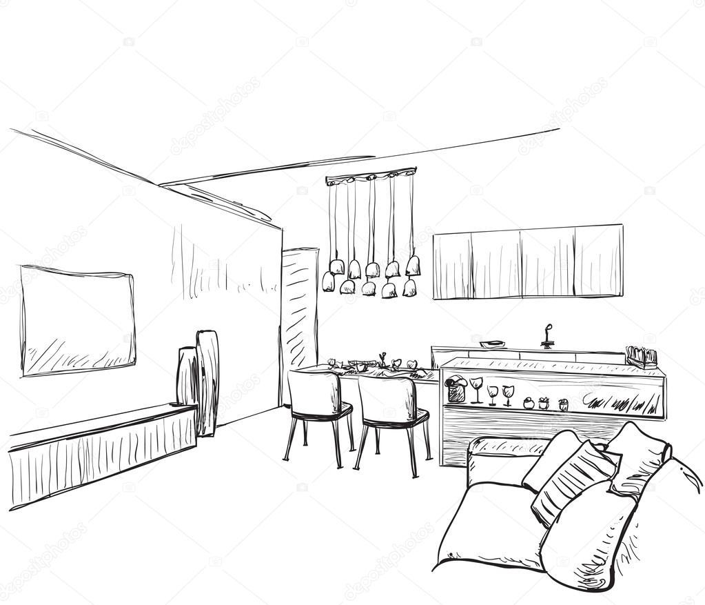 Modern interior room  sketch  Hand drawn furniture  Stock 