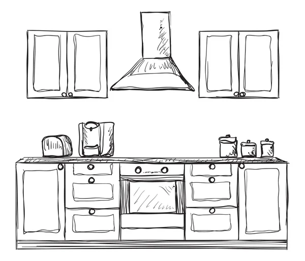 Armário de cozinha, prateleiras, desenhado à mão — Vetor de Stock