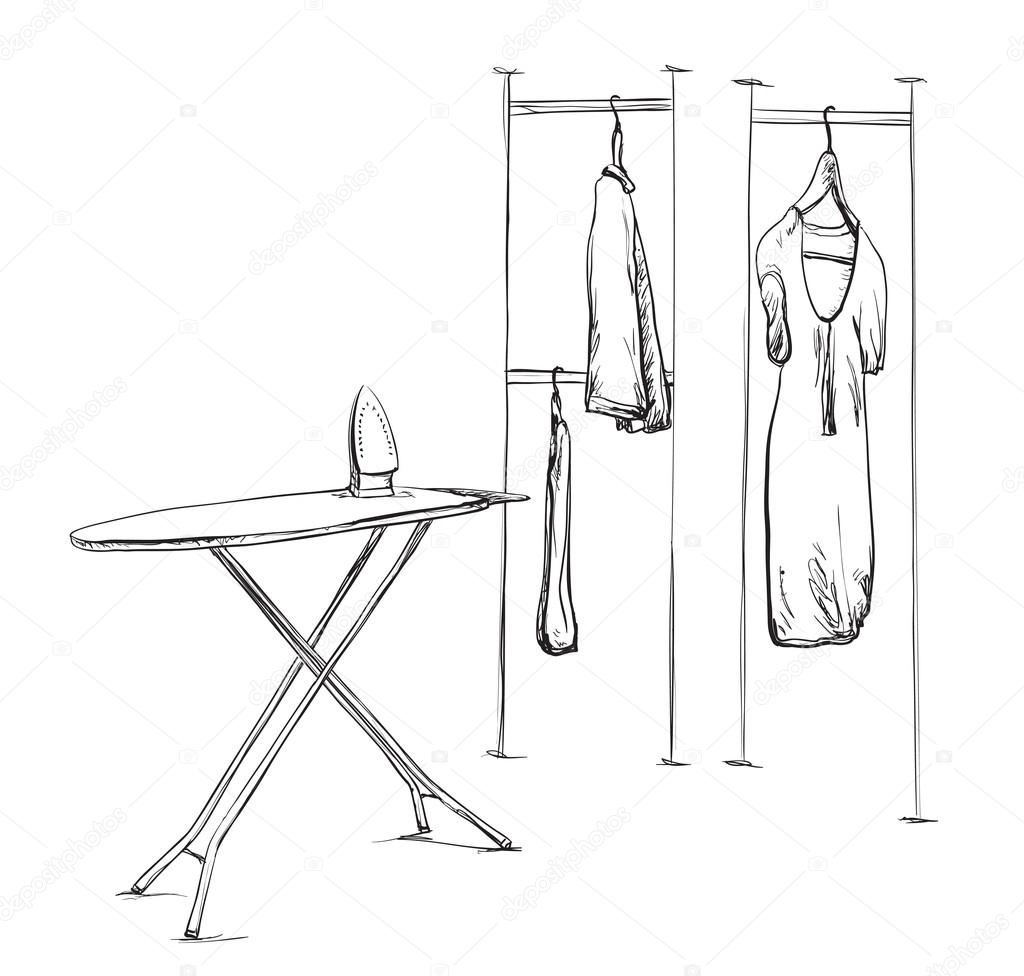 Clothes on hangers. Iron
