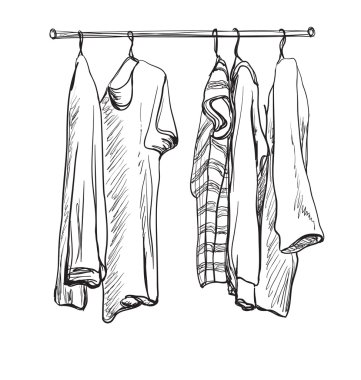 Kostüm çizimi. Elbiseler askıda..