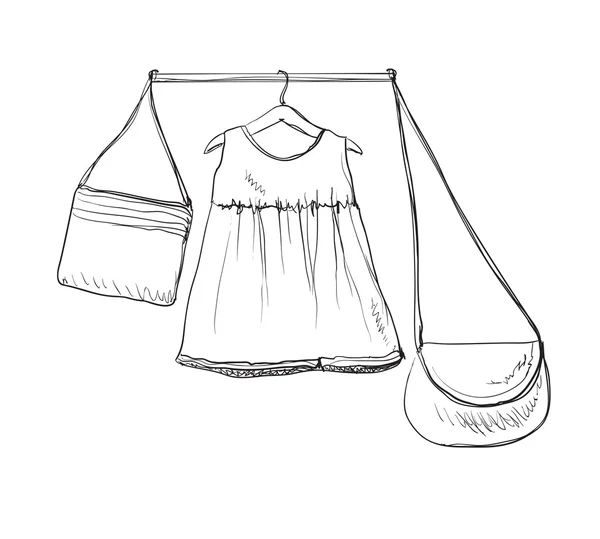 Baby jurk schets. Kleding op de hanger. Hand getekende handtas — Stockvector