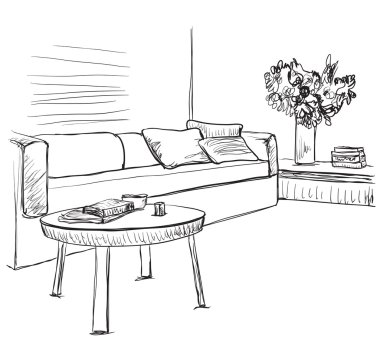 Oda iç kroki. Kanepe ve mobilya.