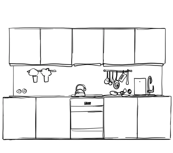 Handgetekende keuken. Interieur schets. Meubelen aan boord — Stockvector