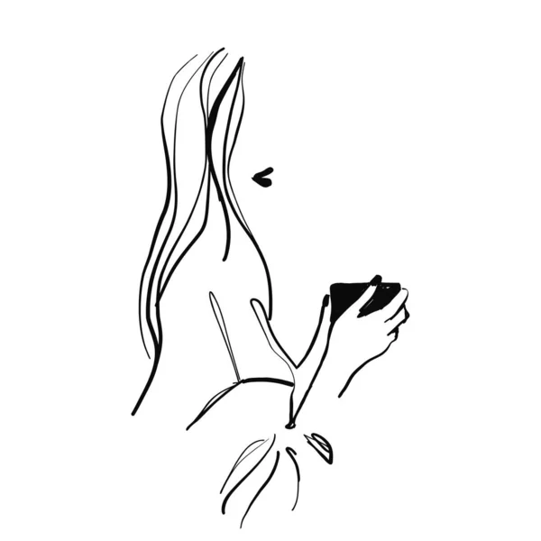 Croquis d'une fille buvant du thé dans une tasse. Illustration dessinée main — Image vectorielle