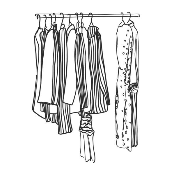 Hand drawn wardrobe sketch. Clothes on the hangers. — Stock Vector