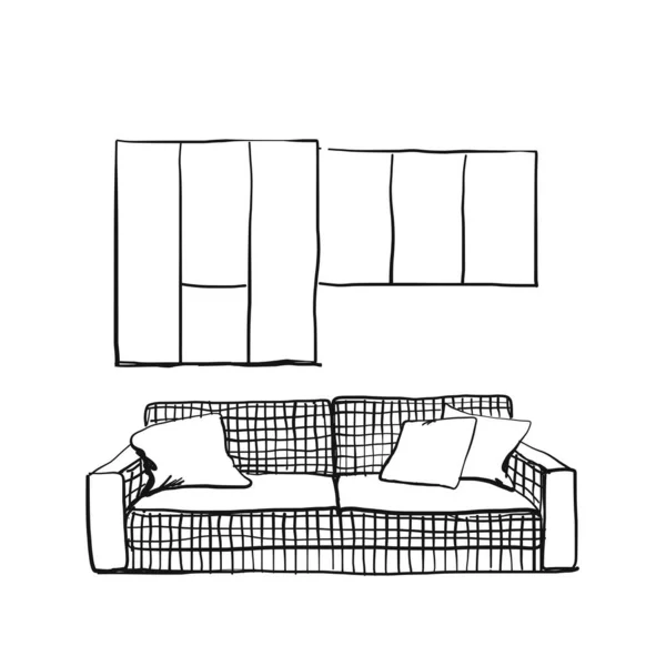 Sofá. Interior desenhado à mão. Desenho de mobiliário —  Vetores de Stock