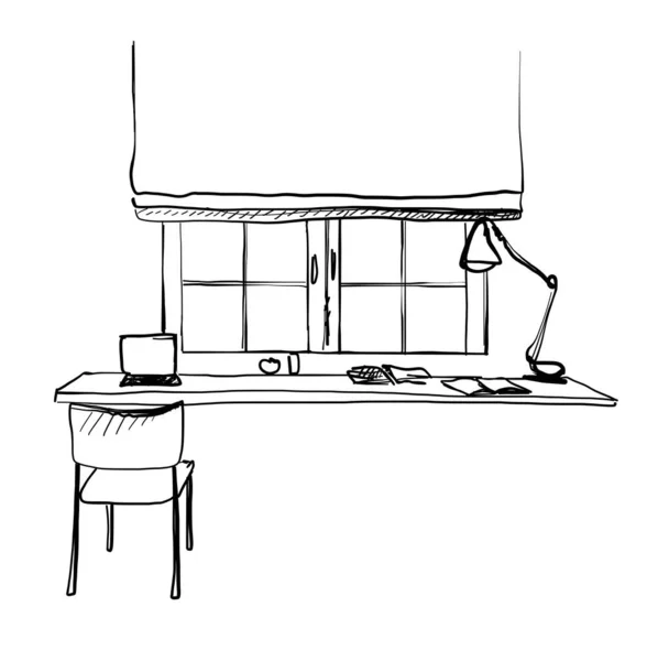 Schets inkt werktafel, vector. Een schets van de werkplek. Met de hand getekend interieur — Stockvector