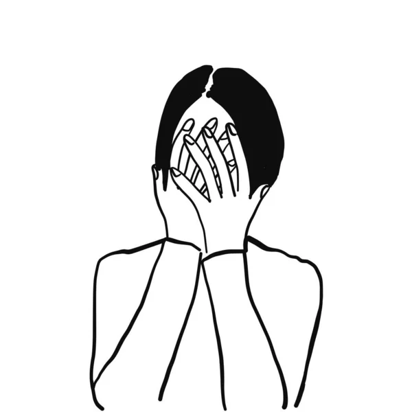 Personaggio illustrazione vettoriale di donna d'affari coprire il viso con le mani, piangendo, triste, provato, rinunciare, fallito, dolore. Disegnare linee, schizzo, stile doodle. — Vettoriale Stock