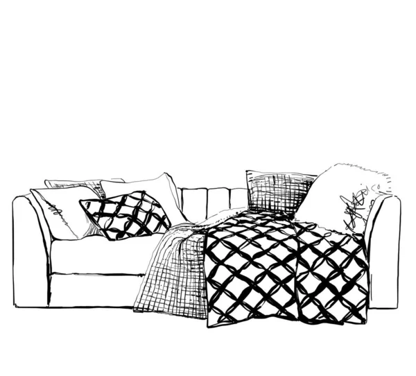 Canapé, couverture et oreiller sur fond blanc. Illustration intérieure dans un style croquis. — Image vectorielle