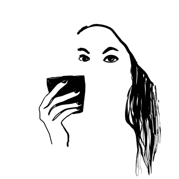 Vektorová dívka s černými kudrnatými vlasy a kávou. — Stockový vektor