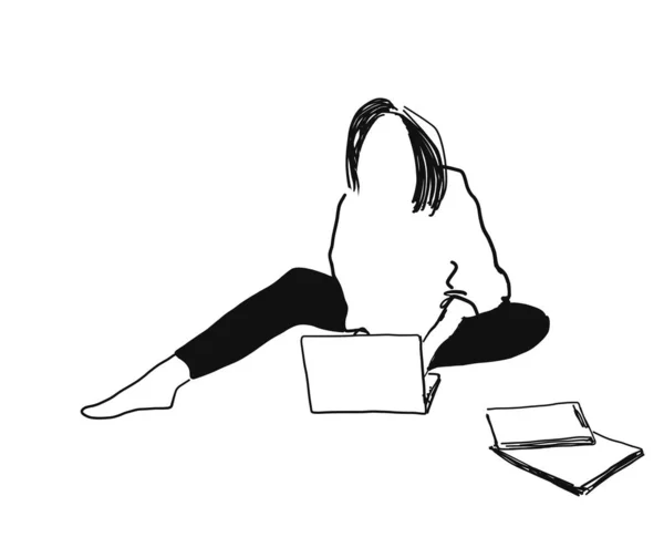Ragazza con computer portatile un disegno a linea continua. Donna seduta navigare su internet web, shopping online, o di lavoro. — Vettoriale Stock