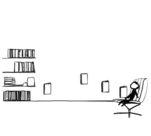 Rajzfilm persoon olvasás egy könyvet a széken. Vázlat illusztráció — Stock Vector