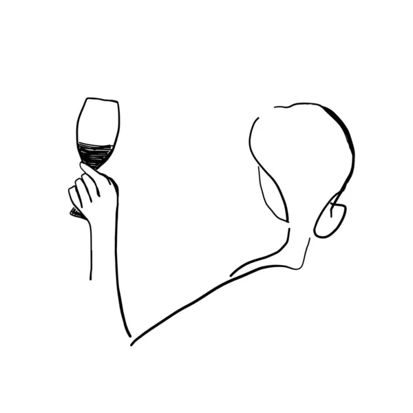 Mädchen mit einem Glas Wein Linie Zeichnung. Vektorillustration. Entspannungsikone — Stockvektor