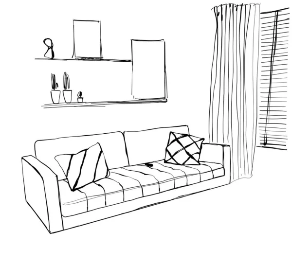 Habitación interior. Sofá dibujado a mano, mesa, almohada y otros muebles — Vector de stock