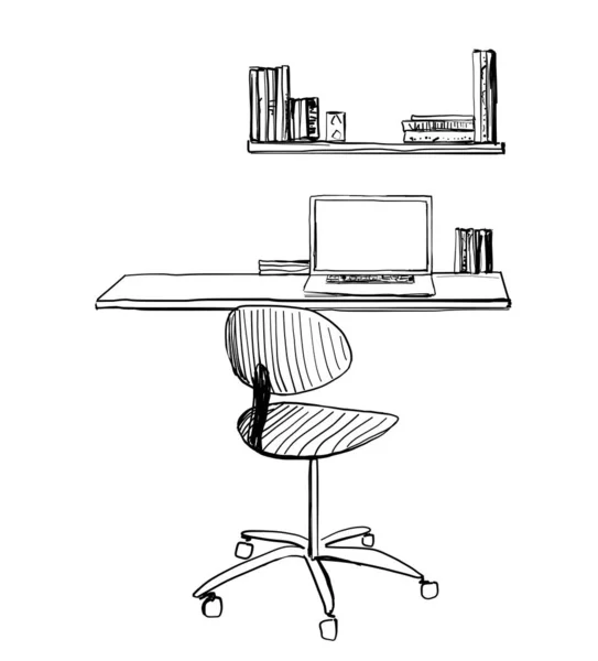 Croquis table de travail à l'encre, vecteur. Bibliothèque — Image vectorielle