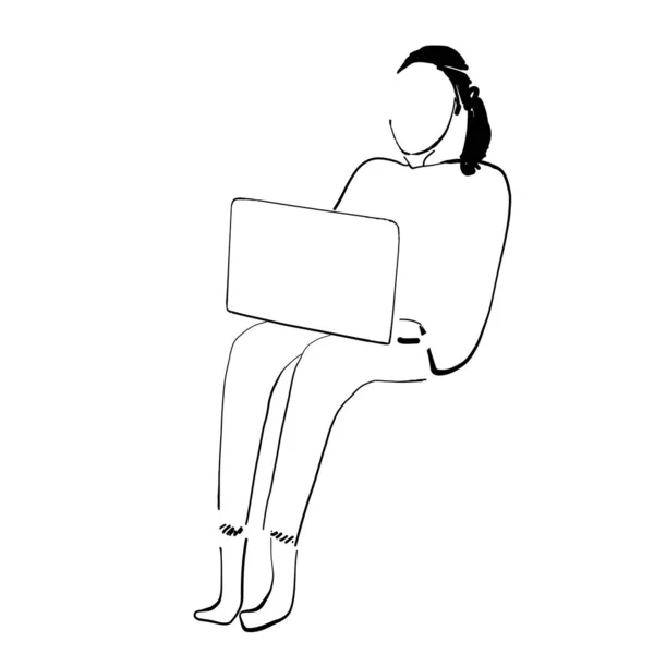 Κορίτσι από χωριό δουλεύει στον υπολογιστή. Γυναίκα που εργάζεται στο γραφείο. — Διανυσματικό Αρχείο