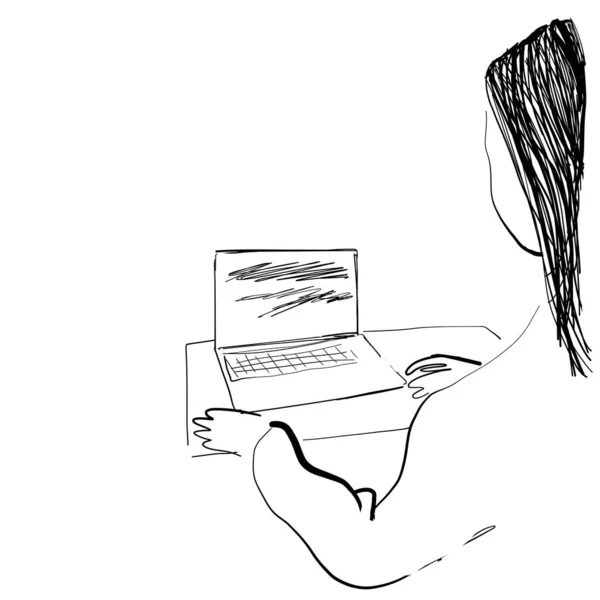 Το κορίτσι δουλεύει στον υπολογιστή. Η γυναίκα δουλεύει στο γραφείο. Σιλουέτα — Διανυσματικό Αρχείο