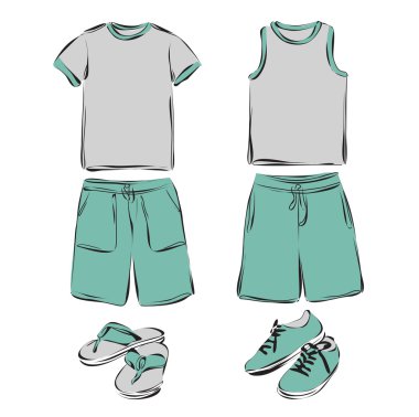 Mens yaz giysileri kümesi.