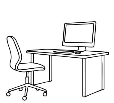 Bir bilgisayar veya çalışma alanı içeren tabloyu el ile doodle tarzı çizilmiş. Vektör çizim.