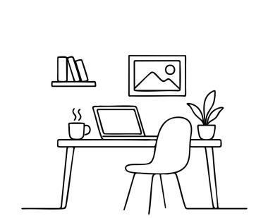 Bir bilgisayar veya çalışma alanı içeren tabloyu el ile doodle tarzı çizilmiş. Vektör çizim.