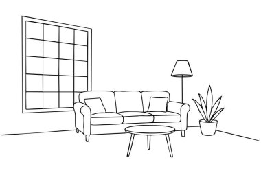 Beyaz arka planda cam bloklu çizim oturma odası.