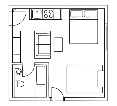 Plan floor apartment. Studio, condominium. Two bedroom layout floor plan. Interior design elements kitchen, bedroom, bathroom with furniture. Vector floorplan living room. Blueprint architectural plan