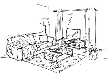 Beyaz arka planda kirli oturma odası çizimi