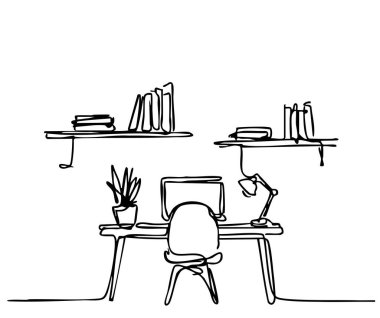 Elle çizilmiş oda iç kroki. Kanepe, masa ve kitap rafı