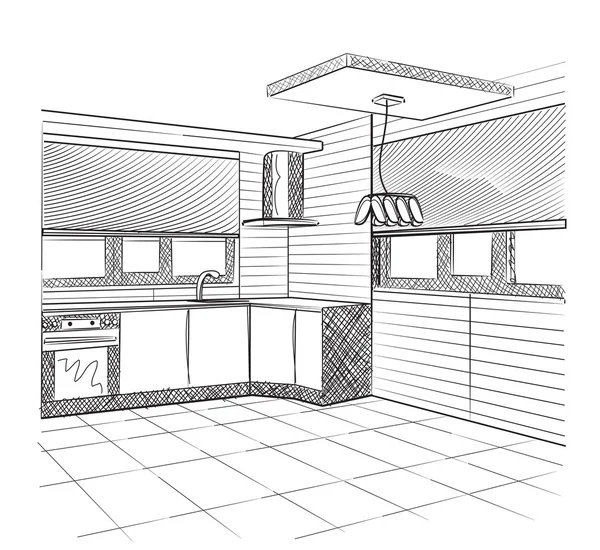 Schizzo di un interno di cucina — Vettoriale Stock