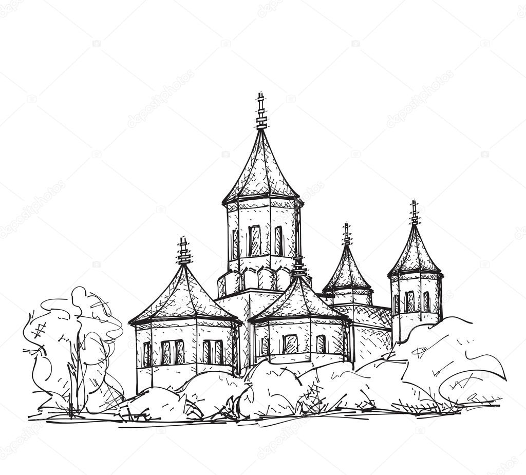 Sketch of  Church. Hand drawn illustration