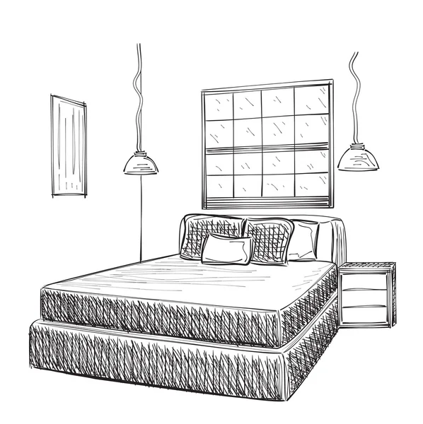 Bosquejo interior moderno dormitorio — Vector de stock