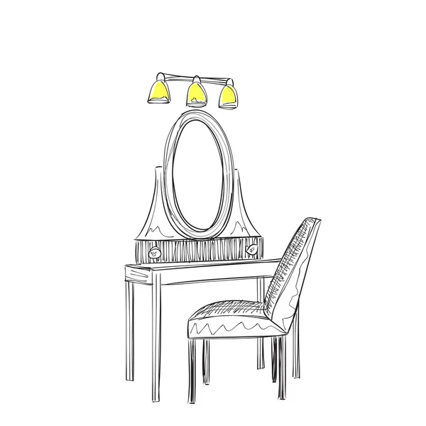 Fésülködőasztal található és összecsukható szék illusztráció. — Stock Vector