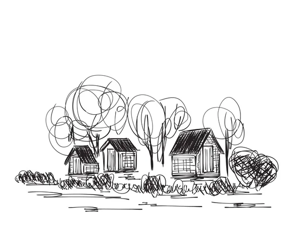 Paesaggio con alberi e casa di villaggio — Vettoriale Stock