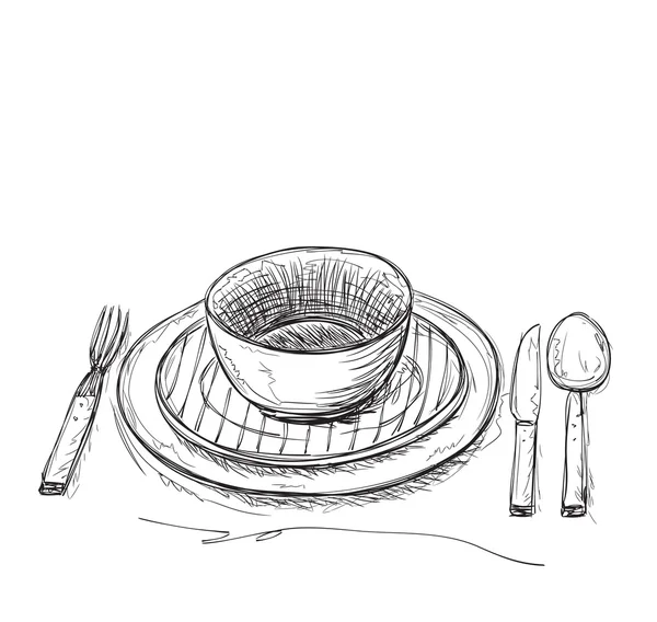 Fourchette, couteau et assiette dessinés à la main — Image vectorielle