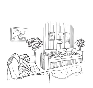 Modern iç Oda kroki. Elle çizilmiş mobilya.