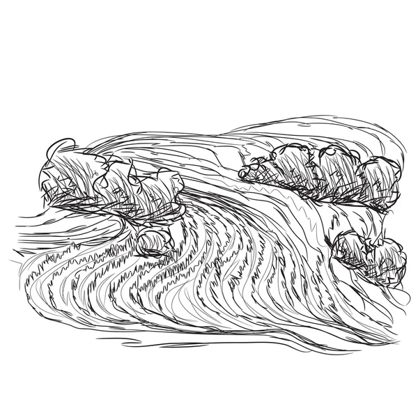 Peisaj desenat manual cu câmpuri . — Vector de stoc