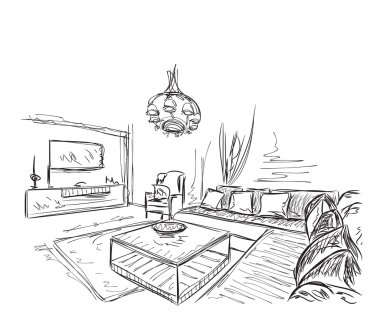 Modern iç Oda kroki. Elle çizilmiş mobilya.